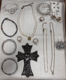 Very Nice Collection Lot Of Jewelry - Necklaces, Rings, Bracelets, Earrings, Cross Shaped Pin, Clips.