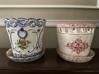 Set Of Two Pottery Painted Planters Pots