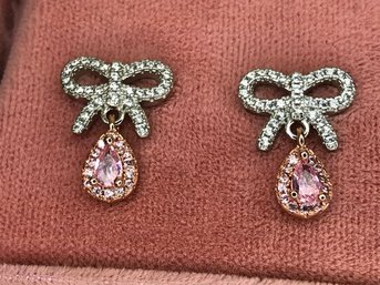 Fantastic Sterling Silver With Pink Gold Overlay Earrings With Pink Tourmaline & White Zircon Bow Earrings