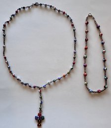 Vintage Italian Millefiori Beaded Necklace & Rosary On Sterling Silver Chains