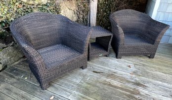 Pair Of Smith & Hawken All Weather Wicker Club Chairs With Cushions, Pillows And Matching Cocktail Table