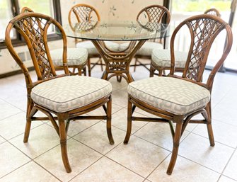 A Vintage Rattan Glass Top Dining Table And Set Of 6 Chairs, C. 1970's, Possibly Ficks Reed