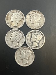 5 Mercury Dimes 1941, 1942, 1943, 1944-D, 1945