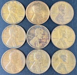 9 Wheat Pennies 1920, 1921, 1923, 1924, 1925, 1926, 1927, 1928, 1929