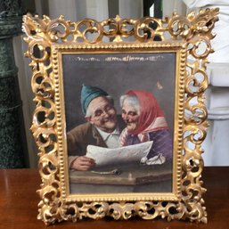 Charming Antique Oil On Canvas Painting Of Elderly Couple Reading Newspaper - Writing On Back Of Frame