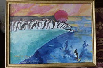 Penguins-Wheres The Beach? Acrylic On Board Framed 20W X 16H