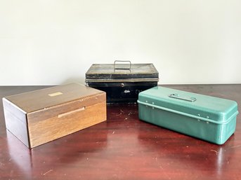 A Trio Of Vintage Boxes - Metal, Plastic And Wood