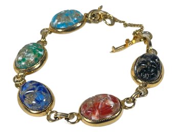 Vintage Gold Tone Glass Stone Scarab Bracelet