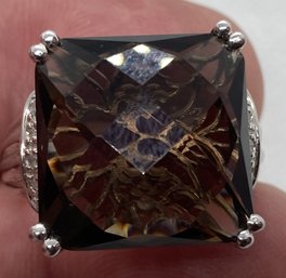 Large Artist Signed Sterling Silver Ring With A Highly Faceted Smoky Quartz Gemstone