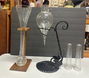 Vintage Wrought Iron Etched Glass Wine Dispenser & Wood Base Stand Holder With Clear Glass Stem Vase. KSS/E5