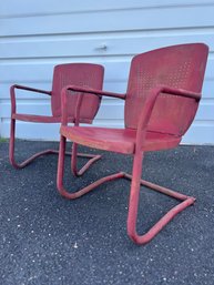 Antique Art Deco Basketweave Red Distress Paint Bouncer Garden Chairs - A Pair