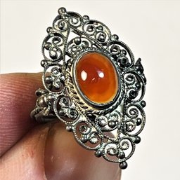 Antique Sterling Silver Filigree Ladies Ring Having Carnelian Stone