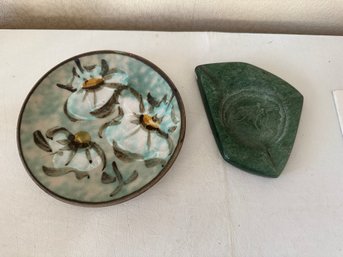 Vintage Handmade Green Marble Ashtray Etched Bird Design From Africa Paired With Vintage Floral Pottery Plate