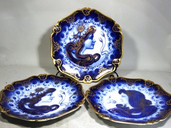 Three Art Nouveau Rosenthal Flow Blue Gold Portrait Plates