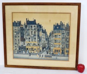 Michel Delacroix (French, B. 1933 - ) Framed Print Of A Parisian Street Scene W/Hot Air Balloon In Distance