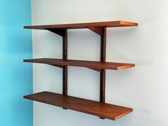 Trio Of Adjustable Mid Century Teak Shelves On Custom Wall Brackets