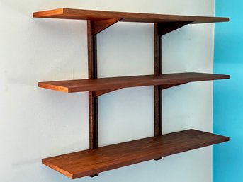 Trio Of Adjustable Mid Century Teak Shelves On Custom Wall Brackets