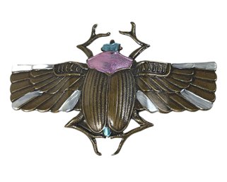 Cold Painted Egyptian Style Scarab Bug Brooch In Light Metal