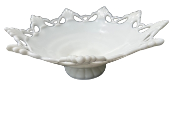 Vintage Milk Glass Bowl With Fluted Base And Fancy Shell Edge