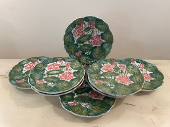 Ceramic Floral Luncheon Plates Pink Geraniums Handcrafted & Handpainted - Set Of 8