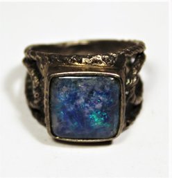 Crudely Made Sterling Silver Ring Having Large Opal Dark Blue Stone