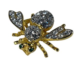 Gold Tone Signed Joan Rivers White Rhinestone Bug Brooch