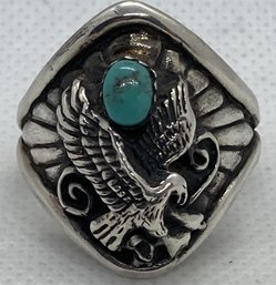 Signed Vintage Southwestern Sterling Silver Ring With High Relief Eagle And Turquoise Cabochon