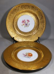 Pair Hutschenreuther Porcelain Gold Encrusted Service Plates W Flowers