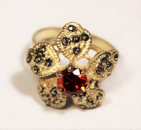 Size 7.5 Sterling Silver Floral Form Ring Red Stone Marcasites