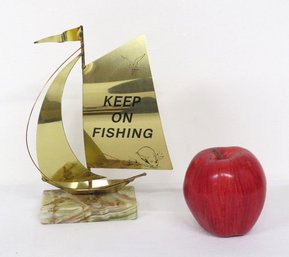 Keep On Fishing Mid Century Marble & Brass Sailboat Sculpture