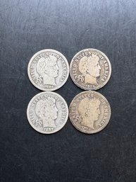 4 Barber Silver Dimes 1906-D, 1907, 1914, 1914-D