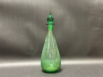 A Tall Vintage Decanter In Green Crackle Glass With Ground-Glass Stopper