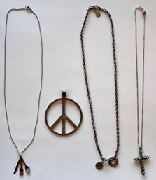 Sterling Silver Peace Sign Pendant & 3 Sterling Necklaces: Miniature Cutlery, Charms & 2 Sided Cross