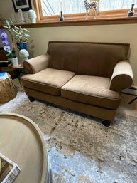 Warm Brown Microfiber Love Seat With Nail Head Trim