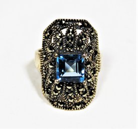 Sterling Silver Blue Topaz Marcasite Ladies Ring Size 6