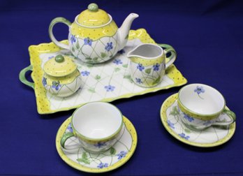 Lovely Hand Painted Andrea By Sadek Tea Set With Handled Tray, Tea Pot, 2 Cups & Saucers With Creamer & Sugar
