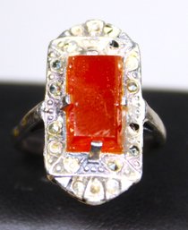 Sterling Silver Carnelian Ring W Marcasite Stones Size 8 (missing Some Stones)