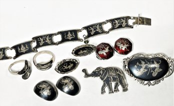 Nice Assembled Lot Of Siam Sterling Silver Niello And Enamel Jewelry