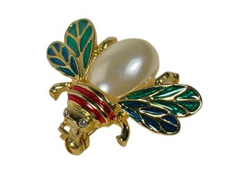 Gold Tone Enamel Faux Pearl Bug Brooch Vintage