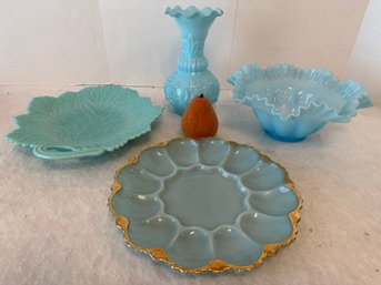 Collection Of 4 Pieces Of Vintage Blue Art Glass