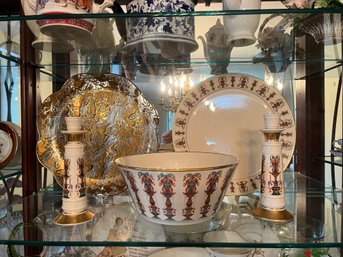 Lenox  Platter, Bowl, Candle Sticks & Glass Platter With Gold Floral Decor