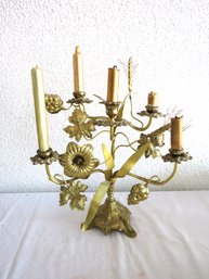 Brass Ornate Church Altar Candelabra With Leaves & Grapes Motif
