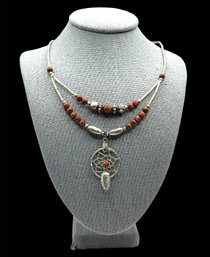 Native American Style Liquid Silver Beaded Dream Catcher Pendant Necklace