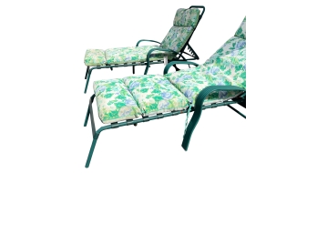 Pair Of Hunter Green Metal Lounge Chairs With Adjustable Backrest And Floral Cushions