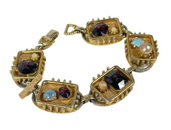 Vintage Gold Tone Link Bracelet With Red Rhinestones And Faux Pearls