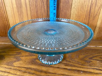 Aqua Blue Hobnail And Etched Glass Cake Stand 10x5