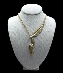 Long Gold Tone Double Chain Leaves Pendant Statement Necklace