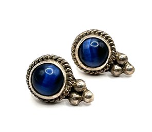 Gorgeous Vintage Mexican Sterling Silver Blue Tiger Eye Stone Earrings