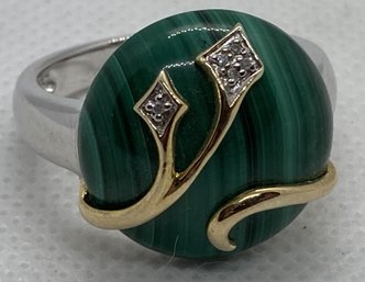 Very Fine Artist Signed Sterling Silver Malachite Ring With Diamond Accents