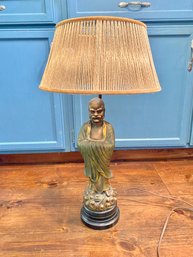 Vintage 1940's Chinese Bronze Buddha Statue Table Lamp With String Shade